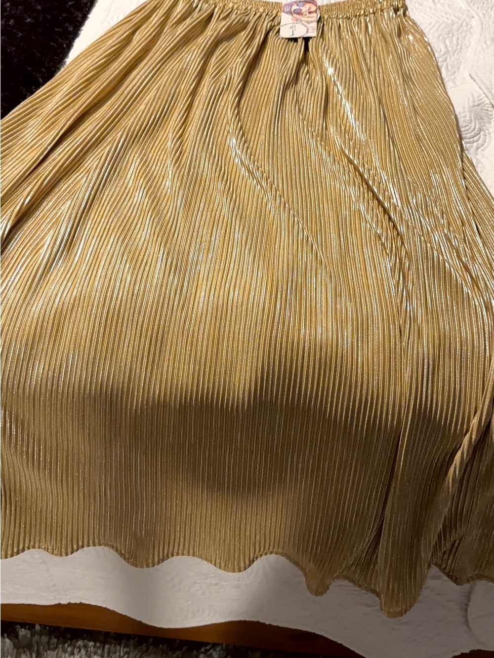 Metallic Gold Pleated Midi Skirt with Elastic Waist